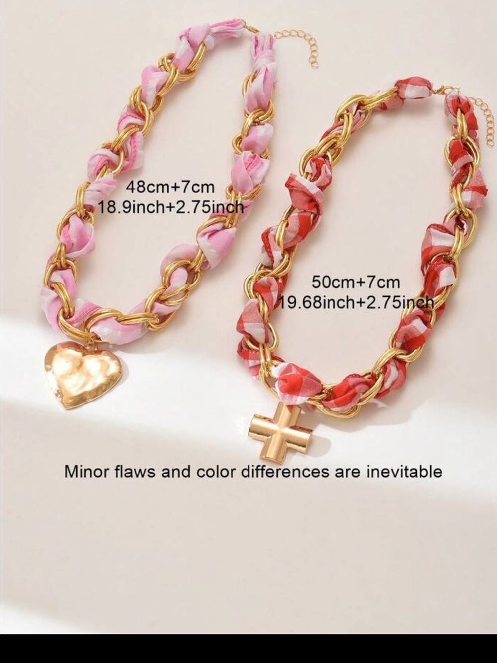 Gold-Tone Layered Heart & Cross Necklaces with Pink and Red Fabric - Picture 5 of 5